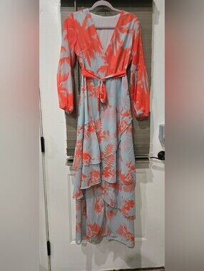 SHEIN Coral and Light Blue Palm-Print Tiered Maxi Dress